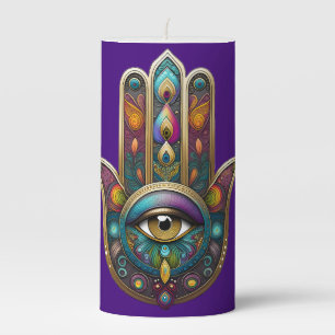 Peacock Colors Hamsa w/ Gold Third Eye Pillar Candle