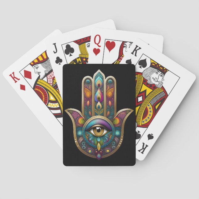 Peacock Colors Hamsa w/ Gold Third Eye Poker Cards (Back)
