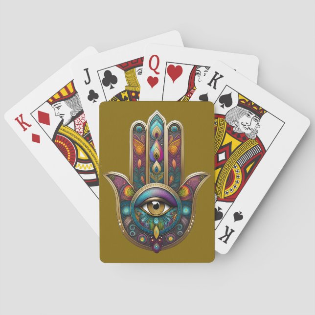 Peacock Colors Hamsa w/ Gold Third Eye Poker Cards (Back)
