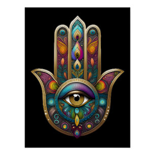 Peacock Colors Hamsa w/ Gold Third Eye Poster