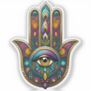 Peacock Colors Hamsa w/ Gold Third Eye Sticker