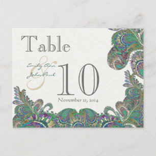 Peacock Colors Paisley Wedding Table Number