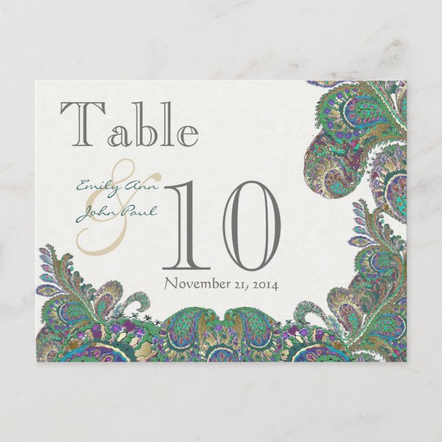 Peacock Colors Paisley Wedding Table Number (Front)