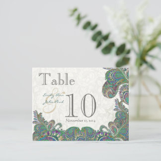 Peacock Colors Paisley Wedding Table Number