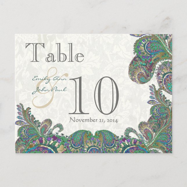 Peacock Colors Paisley Wedding Table Number (Front)