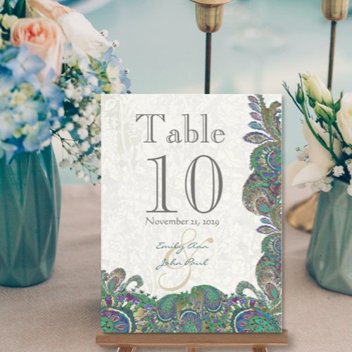 Peacock Colors Paisley Wedding Table Number