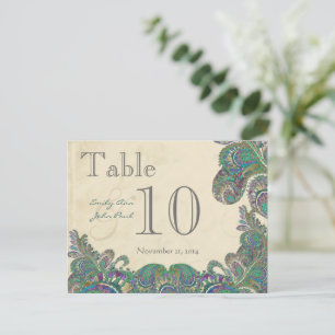 Peacock Colors Paisley Wedding Table Number