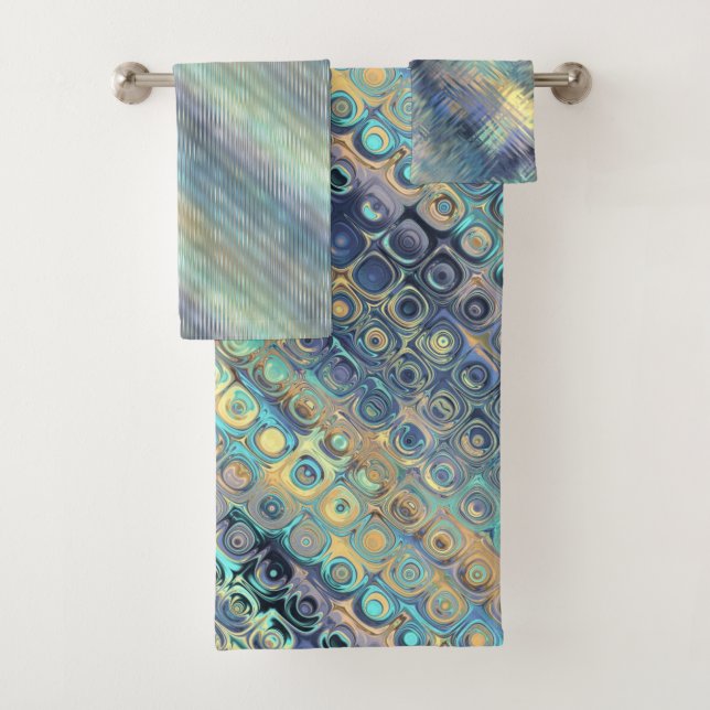 Peacock Colors Varied Patterns Ensemble Bath Towel Set (Insitu)