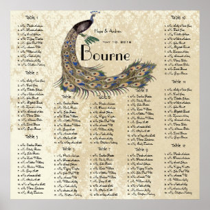 Peacock Damask Wedding Seating Chart 12 Tables