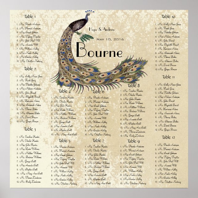 Peacock Damask Wedding Seating Chart 12 Tables (Front)