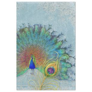 Peacock Decoupage blue teal gold feather floral Ti Tissue Paper
