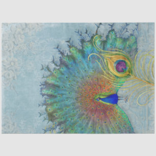 Peacock Decoupage blue teal gold feather floral Ti Tissue Paper