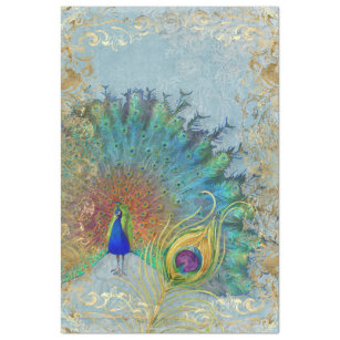 Peacock Decoupage Blue Teal Gold Foil Feather Art Tissue Paper