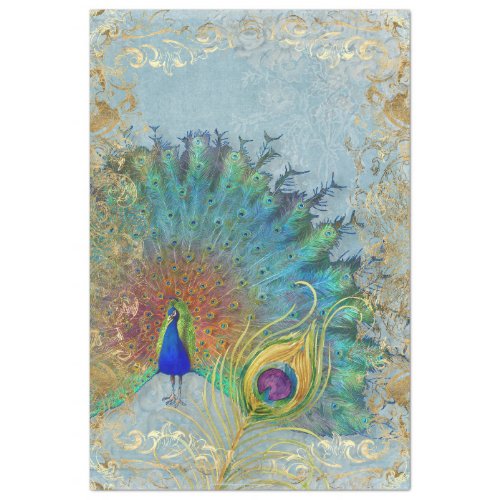 Peacock Decoupage Blue Teal Gold Foil Feather Art Tissue Paper