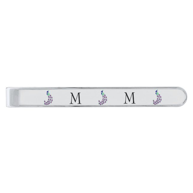 Peacock Design Monogrammed Silver Finish Tie Bar (Front)