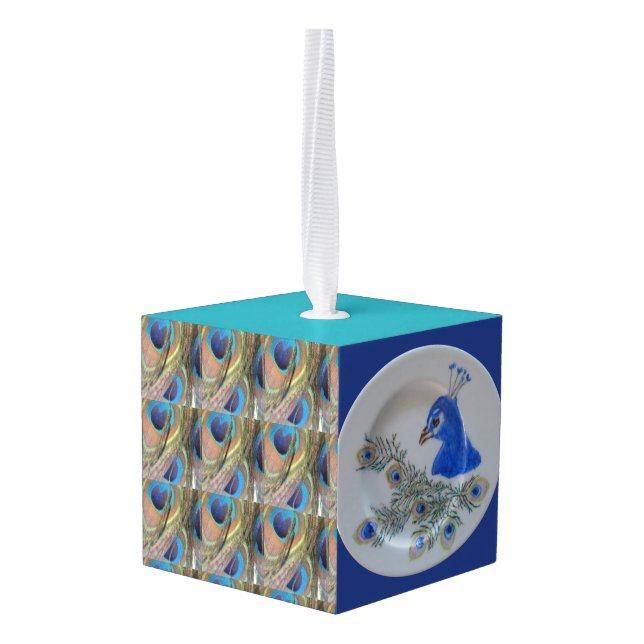 Peacock Designs Cube Ornament (Back Angled)