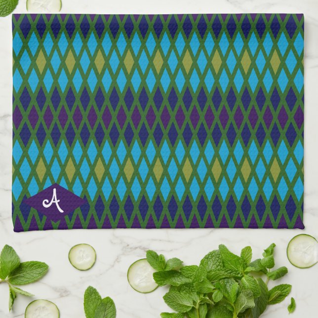 Peacock Diamond Monogram Kitchen Towel (Folded)
