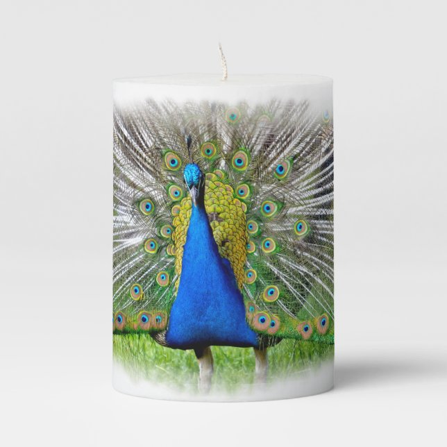 Peacock displaying tail feathers T-Shirt Pillar Candle (Front)