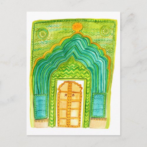 Peacock Door Watercolor Jaipur City Palace Green Postcard