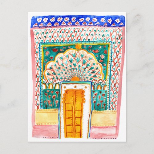 Peacock Door Watercolor Jaipur City Palace Pink Postcard