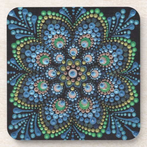 Peacock Dot Mandala  Beverage Coaster