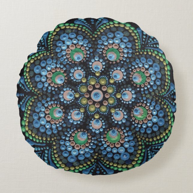 Peacock Dot Mandala Throw Pillow (Front)