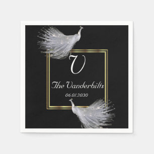 Peacock Eleganace in Black Gold and White Wedding Napkins