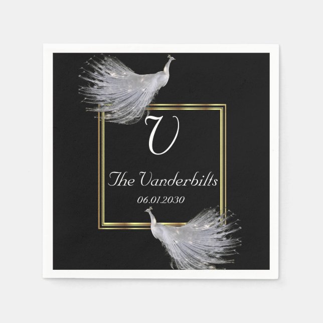 Peacock Eleganace in Black Gold and White Wedding Napkins (Front)
