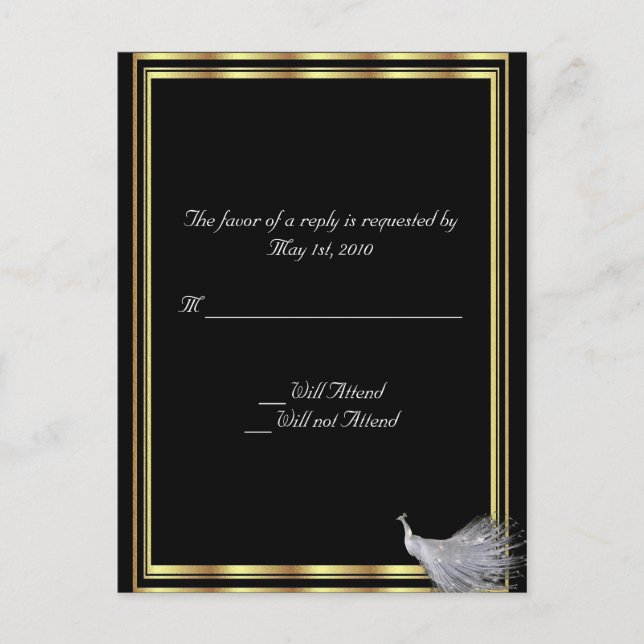 Peacock Elegance in Black, Gold, and White Invitation Postcard (Front)