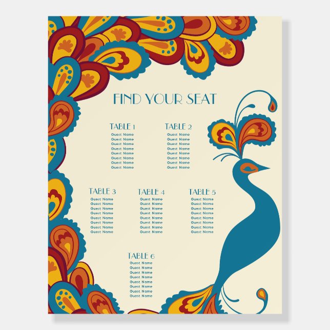 Peacock Elegance Vintage Wedding Seating Chart Foam Board (Front)