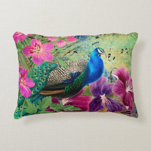 Peacock Elegant Blue Pink Flowers Green  Accent Pillow