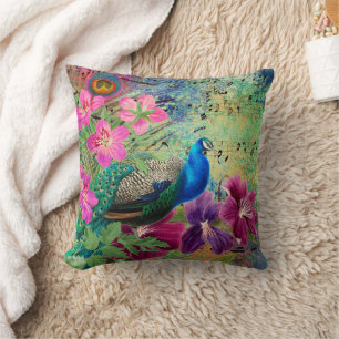 Peacock Elegant Blue Pink Flowers Green Throw Pillow