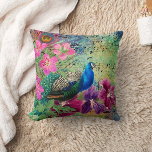 Peacock Elegant Blue Pink Flowers Green Throw Pillow