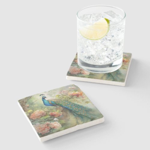 Peacock Elegant Vintage Pink Floral  Stone Coaster