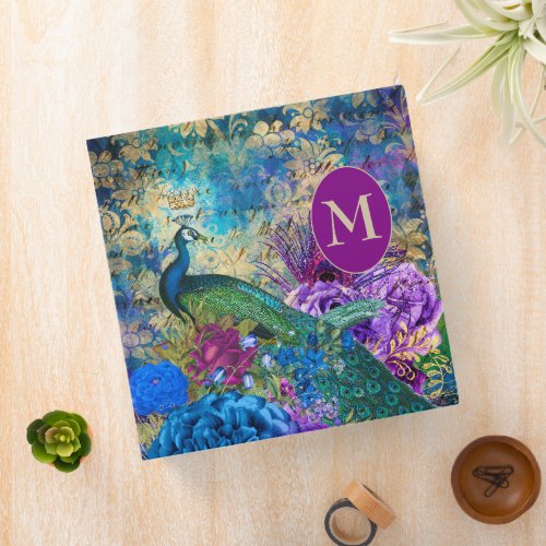 Peacock Elegant Vintage Purple Teal Gold Monogram 3 Ring Binder