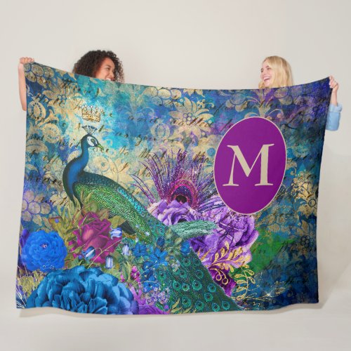 Peacock Elegant Vintage Purple Teal Gold Monogram Fleece Blanket