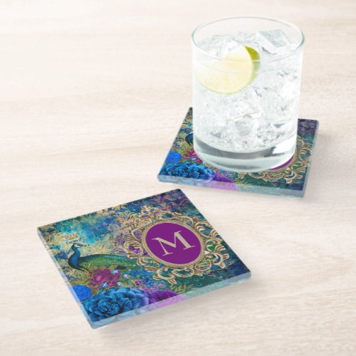 Peacock Elegant Vintage Purple Teal Gold Monogram Glass Coaster