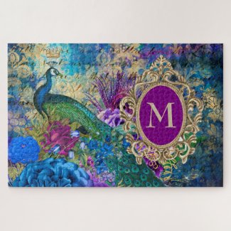 Peacock Elegant Vintage Purple Teal Gold Monogram