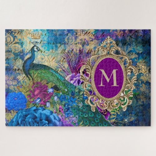 Peacock Elegant Vintage Purple Teal Gold Monogram Jigsaw Puzzle