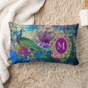Peacock Elegant Vintage Purple Teal Gold Monogram Lumbar Pillow