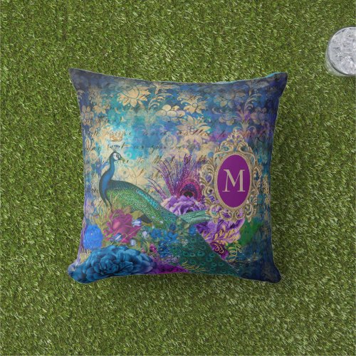 Peacock Elegant Vintage Purple Teal Gold Monogram Outdoor Pillow