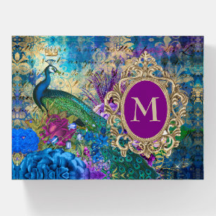 Peacock Elegant Vintage Purple Teal Gold Monogram Paperweight