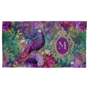 Peacock Elegant Vintage Purple Teal Gold Monogram Pillow Case