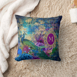 Peacock Elegant Vintage Purple Teal Gold Monogram Throw Pillow
