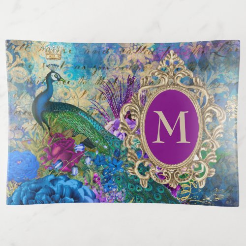 Peacock Elegant Vintage Purple Teal Gold Monogram  Trinket Tray