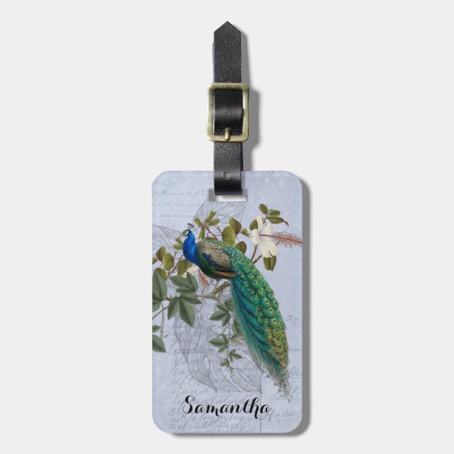 Peacock Ephemera Romantic Blue Vintage Botanicals Luggage Tag (Front Vertical)