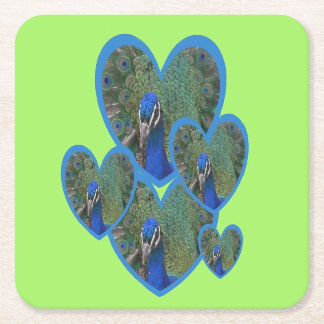 Peacock Faces in Heart Pattern Paper Coaster (Front)