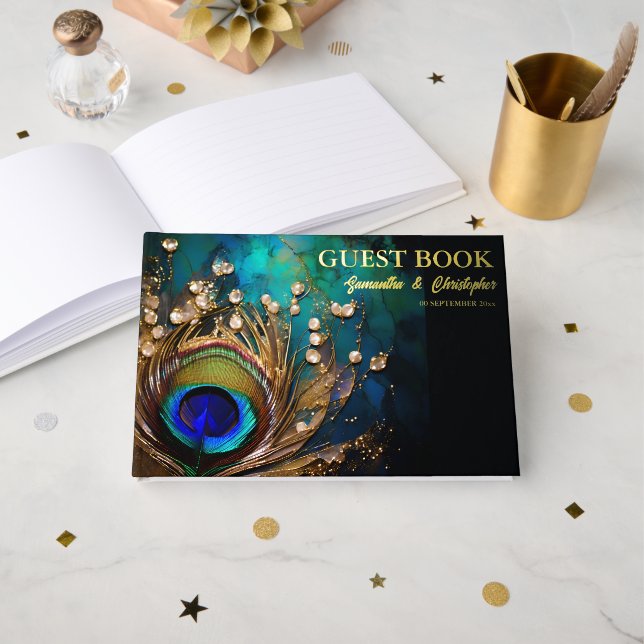 Peacock feather 3D art nouveau wedding editable Foil Guest Book (Front Open)