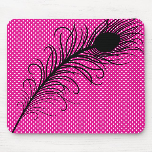 Peacock feather and Polka Dots - Pink and Black Mouse Pad (Front)