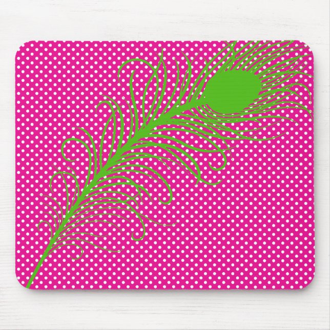 Peacock feather and Polka Dots - Pink & Lime Green Mouse Pad (Front)